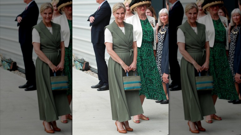 Sophie Wessex in a green dress and brown shoes at Charfleet Book Bindery opening in 2023