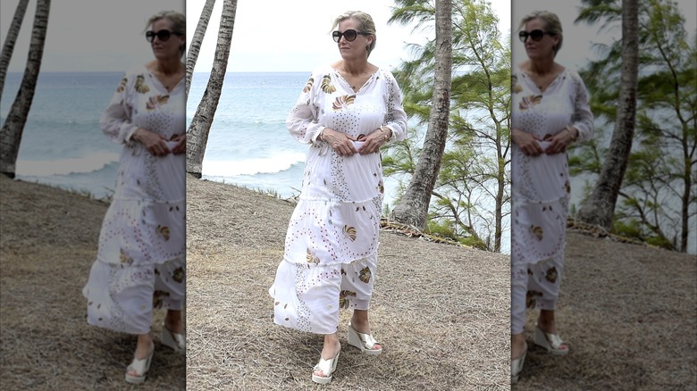 Sophie Wessex in a white dress and thick shoes in the Caribbean
