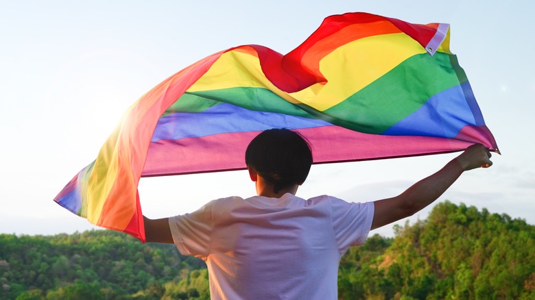 Man holding LGBTQ flag