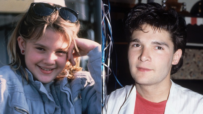 Split image of Drew Barrymore and Corey Feldman as young stars in the '80s