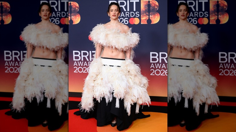Rosalía posing in an off-the-shoulder bandeau-style top covered with white feathers and a matching black and white skirt.