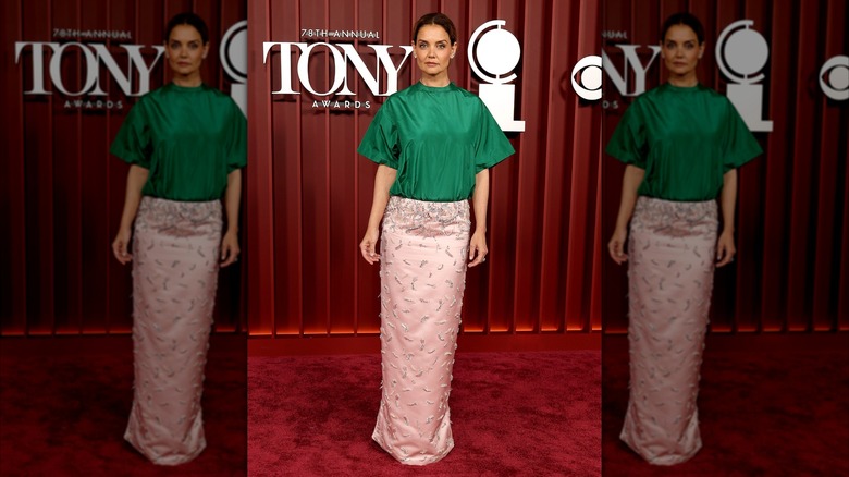 Katie Holmes posing on the 2025 Tony Awards red carpet