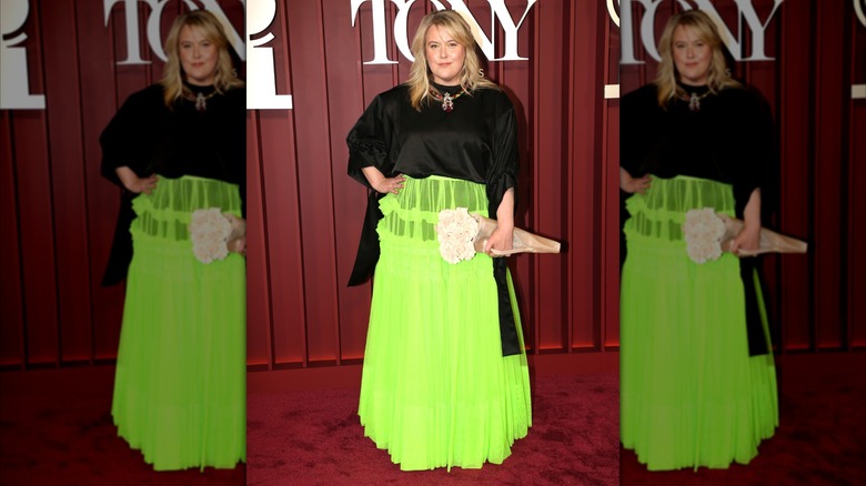Marg Horwell posing on the 2025 Tony Awards red carpet