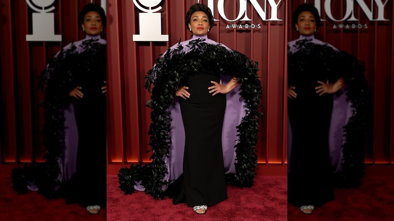 Natalie Venetia Belcon posing on the 2025 Tony Awards red carpet