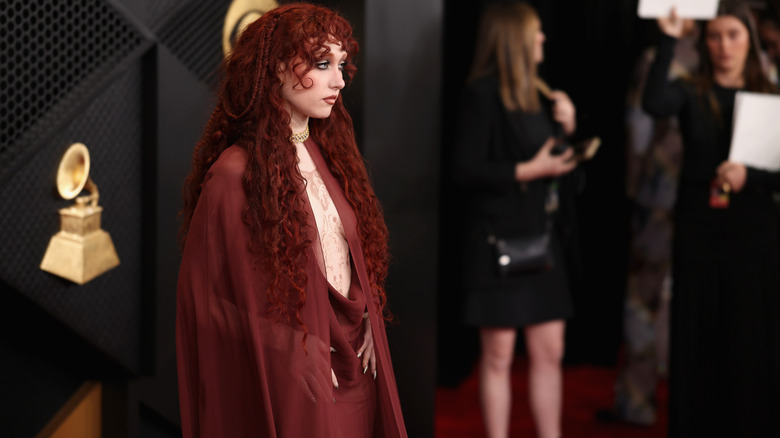 Chappell Roan posing in a sheer burgundy dress and cape