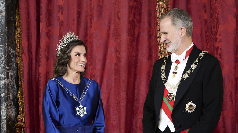 King Felipe VI of Spain and Queen Letizia of Spain host a dinner Gala for Oman's Sultan His Majesty Haitham Bin Tariq at the Royal Palace on November 4, 2025 in Madrid, Spain (2025)