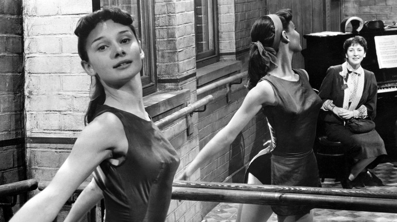 Audrey Hepburn rehearsing at the barre in 1950