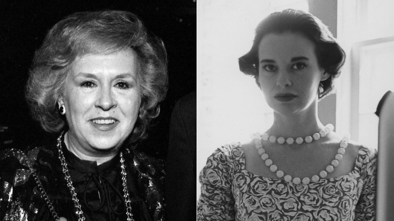 A black and white split image of Doris Roberts and Gloria Vanderbilt