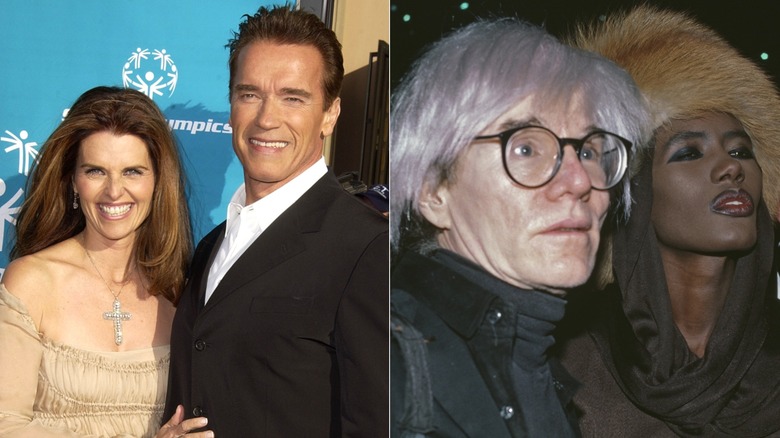 Side-by-side photos of Arnold Schwarzenegger and Maria Shriver & Andy Warhol and Grace Jones