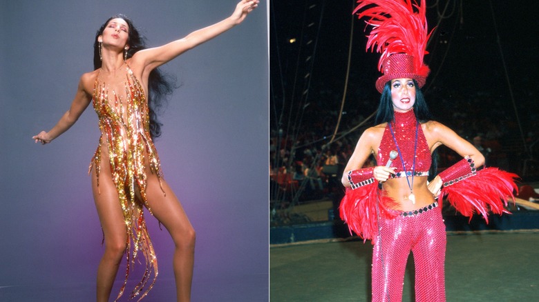 (Left) Cher posing in a Bob Mackie cocktail length gown meant to imitate flames; (Right) Cher in a red bedazzled ring-leader outfit with a large feather top hat and arm cuffs