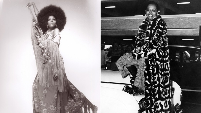 (Left) Diana Ross in a fringed, embroidered gown with a large afro; (Right) Diana Ross layers a tweed overcoat under a funky printed fur coat and big black boots