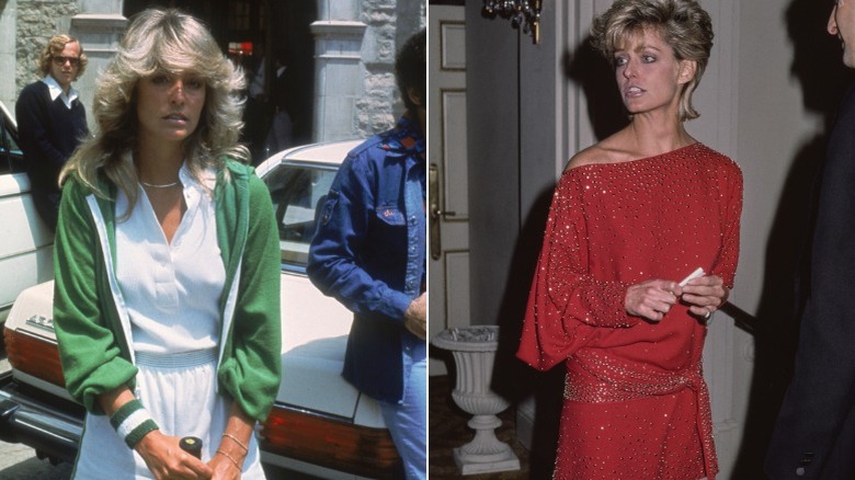 (Left) Farrah Fawcett in sporty white shirts and a matching button up skirt, with a green hoodie and sports band on her wrist; (Right) Farrah Fawcett with a mullet in an asymmetrical red bedazzled dress