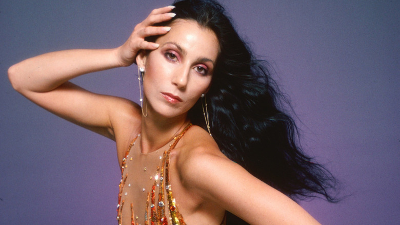 Cher posing with her hand over the side of her head in a Bob Mackie cocktail dress against a purple background