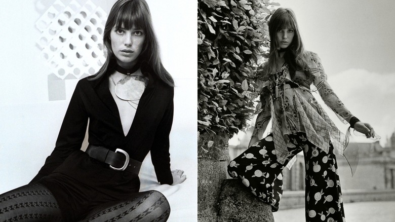 (Left) Jane Birkin in a black, lowcut romper with a big belt, patterned tights, and a large statement choker; (Right) Jane Birkin in a patterned top and pants