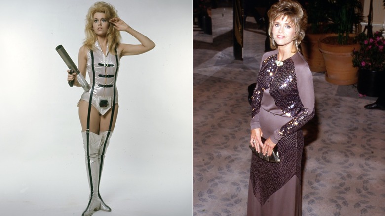 (Left) Jane Fonda posing for a promotional shoot for Barbarella in a silver bodysuit with black detailing; (Right) Jane Fonda wearing a plum, sequined gown