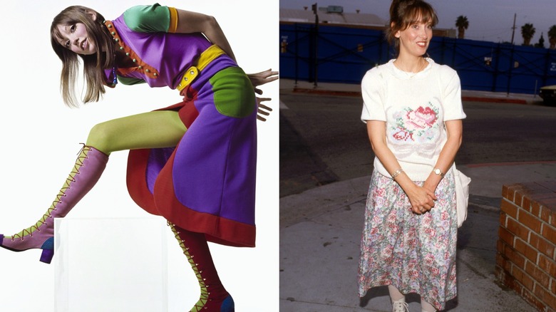 (Left) Shelley Duvall in a colorful dress, tights, and matching shoes posing over a white box; (Right) Shelley Duvall in a floral skirt with matching cross-stitched rose graphic tee