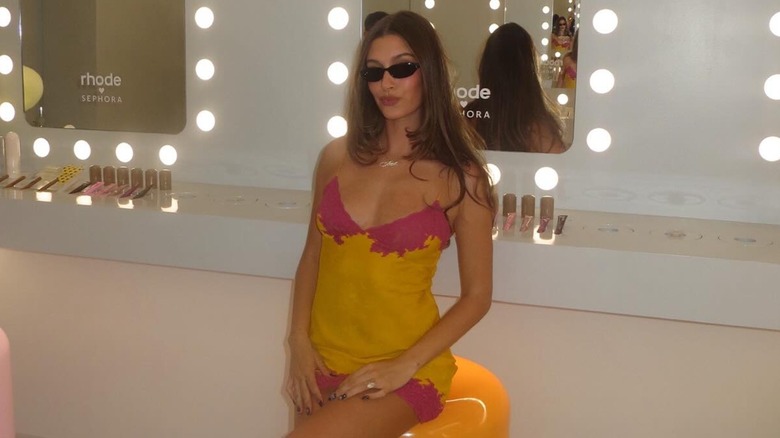 Hailey Bieber at the Rhode pop-up at Coachella 2026