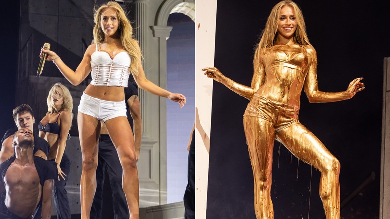 (Left) Tate McRae dances in a white tank top and shorts; (Right) Tate McRae dripping in gold shimmering paint
