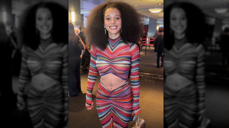 Chase Infiniti in a multicolored dress backstage at the 2026 BET Awards