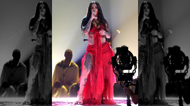 Kehlani performing in a red dress at the 2026 BET Awards