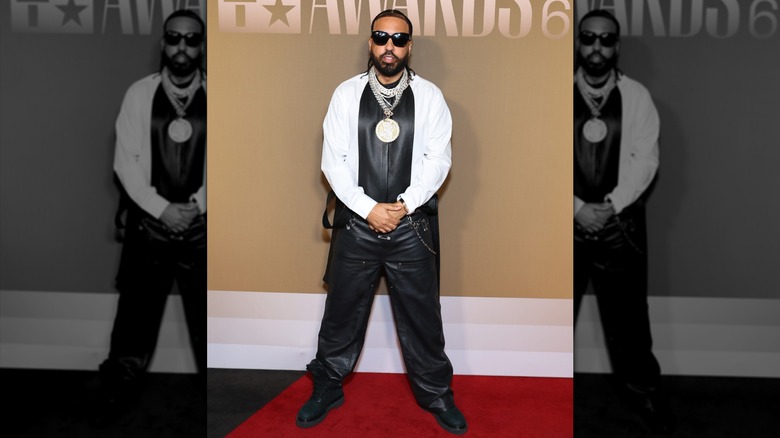 French Montana in a leather outfit and sunglasses on the 2026 BET Awards red carpet