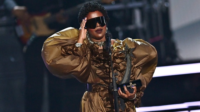 Lauryn Hill accepting her BET Awards on stage at the 2026 ceremony