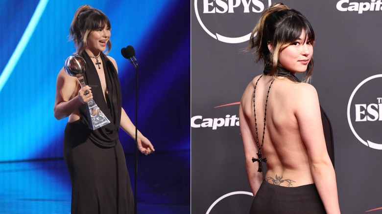 Side by side image of Alysa Liu holding her ESPY Award and on the red carpet at the 2026 ESPYs