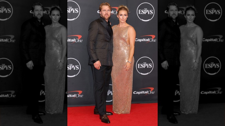 Aleksander Aamodt Kilde with his arm around Mikaela Shiffrin on the 2026 ESPYs red carpet