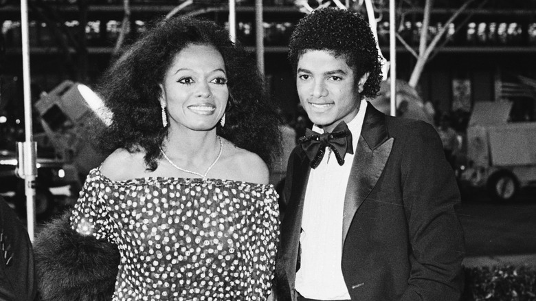 Black and white photo of Michael Jackson and Diana Ross arriving to the 1981 Academy Awards.