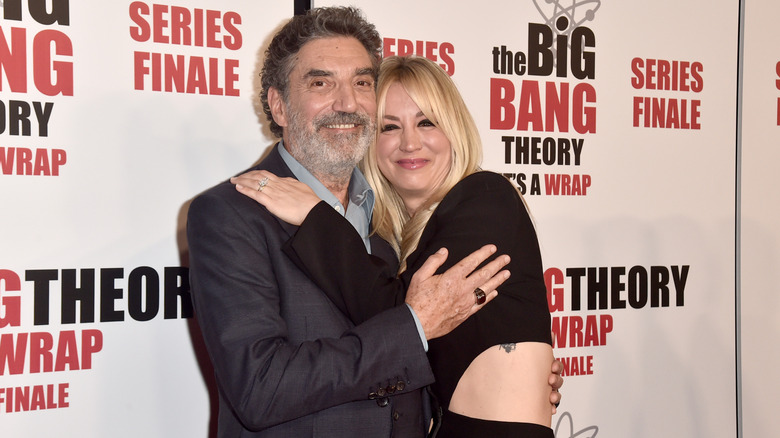Kaley Cuoco and Chuck Lorre hugging at the series finale party for "The Big Bang Theory" at The Langham Huntington, California (2019)