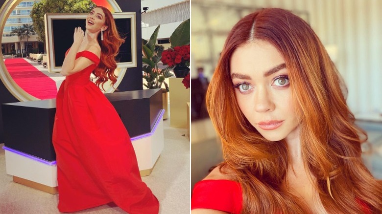 Sarah Hyland in a red dress