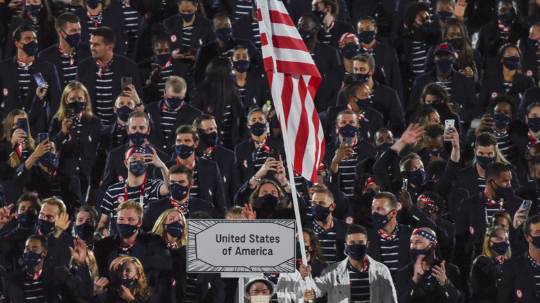 U.S. Olympic athletes walking during opening ceremony