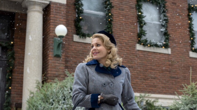 Candace Cameron Bure wearing a peacoat while filming Journey Back to Christmas
