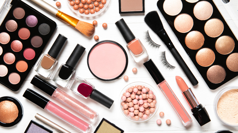 An array of makeup on a counter