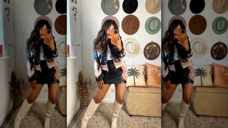 cowboy inspired leather mini skirt and jacket