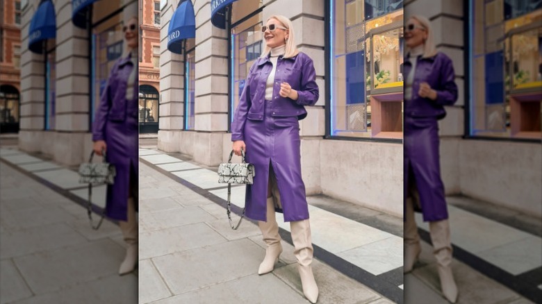 purple leather jacket and skirt outfit