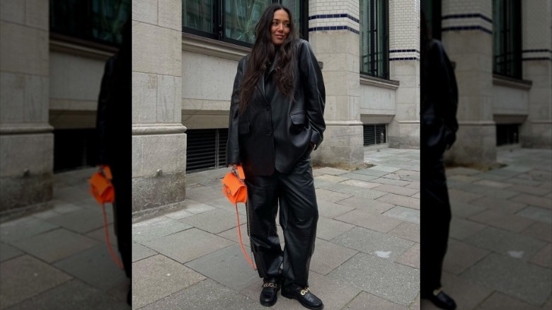 Oversized leather pants and blazer