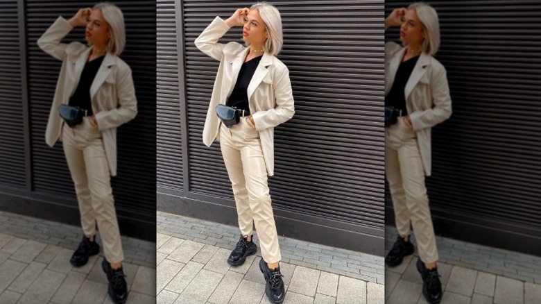 white leather pants and blazer