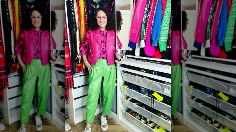 pink and green leather outfit