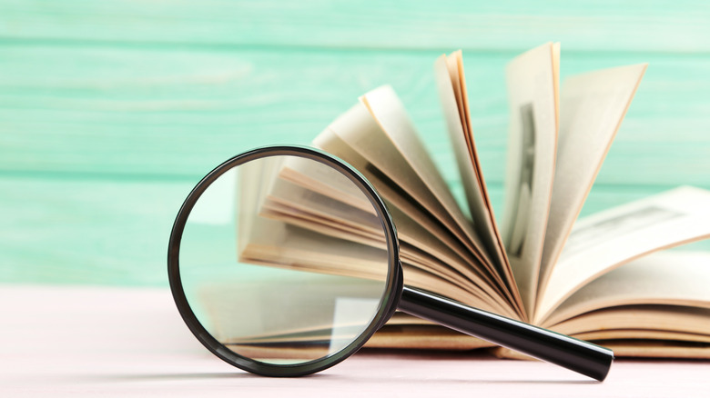 magnifying glass and open book on a pink table against a green background