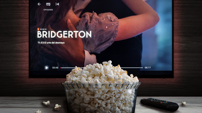 Bridgerton show on a screen with popcorn