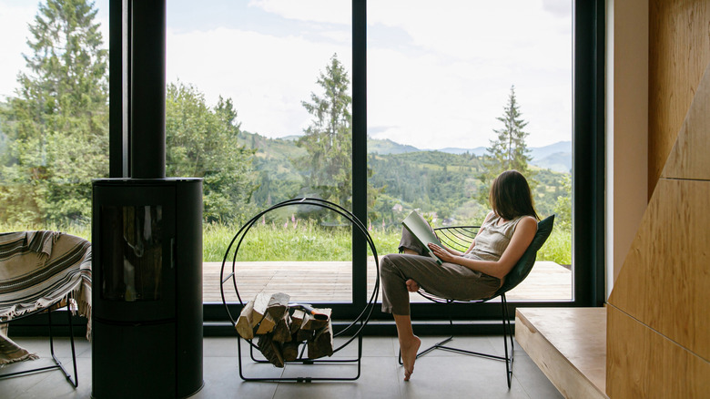 Woman reading on getaway