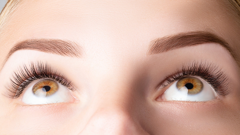 woman looking up at eyebrows
