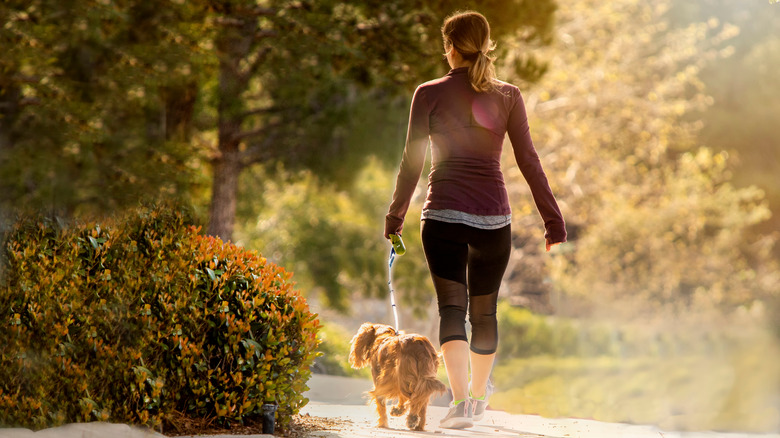 A woman walking with a dog.