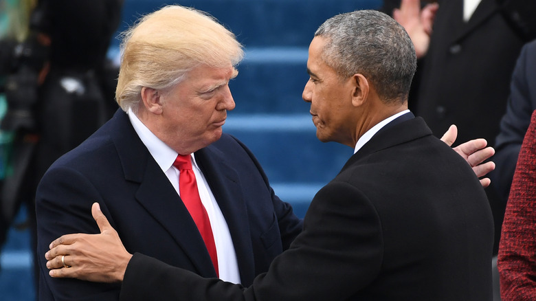 Donald Trump and Barack Obama shaking hands