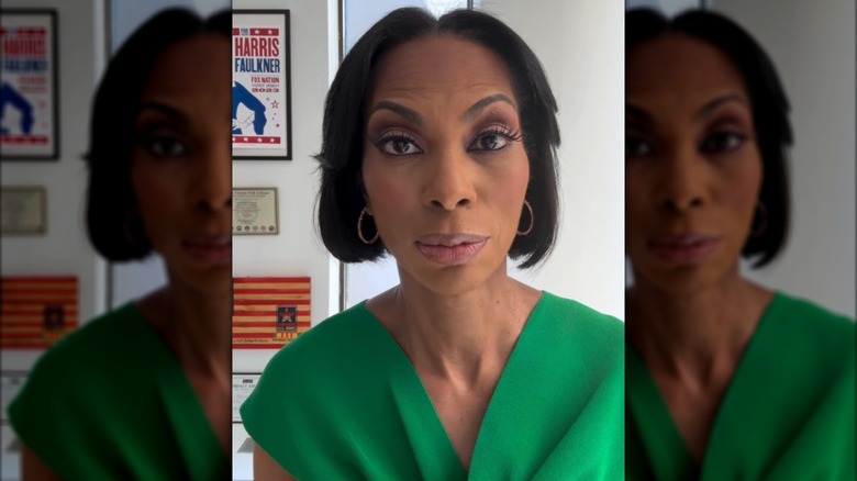 Harris Faulkner with fake eyelashes and heavy purple eye makeup