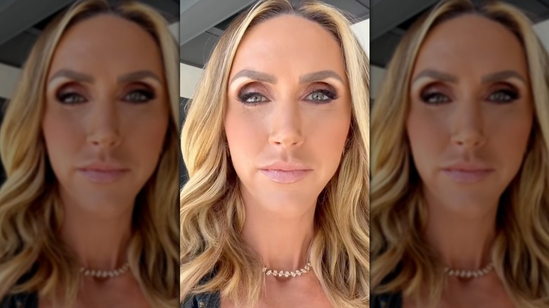 Lara Trump addressing the camera while wearing purple eyeshadow and light pink lip gloss