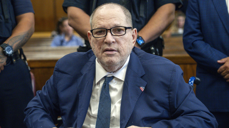 Harvey Weinstein staring at the camera in court
