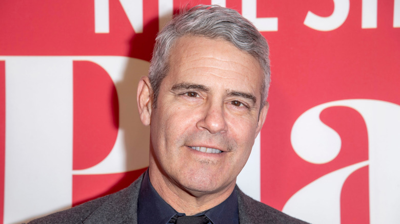 Andy Cohen in blue shirt and gray jacket