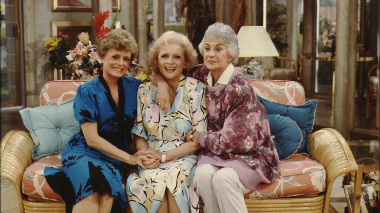 Rue Mclanahan, Betty White, and Bea Arthur pose for a portrait on the set of the Golden Girls circa 1987, Los Angeles, California.